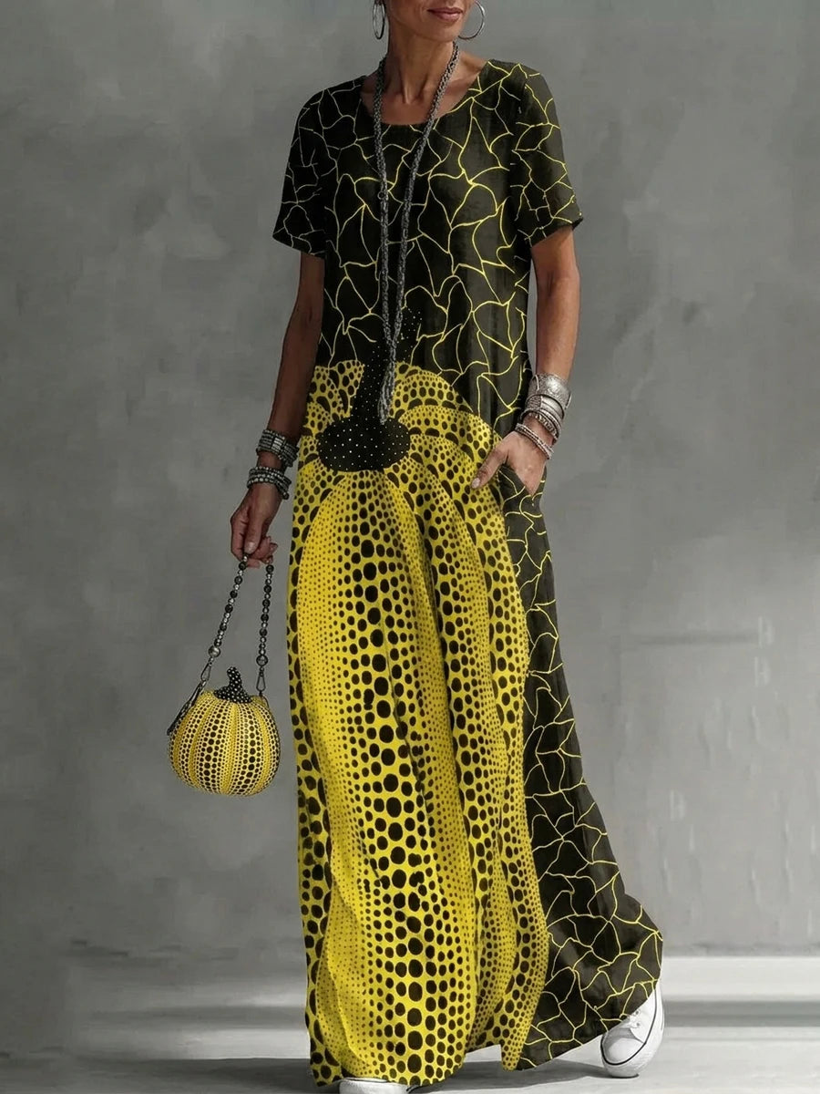 Freeacy 2026 Summer New Artistic Print Maxi Dress for Women Round Neck Short Sleeve Casual Party Dresses Vacation Sundress