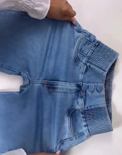 ALLUKASA  autumn winter  Elegant High Waist Button Front Casual Female Jeans Sexy  Fashion Back Shirred Trouser Bottom