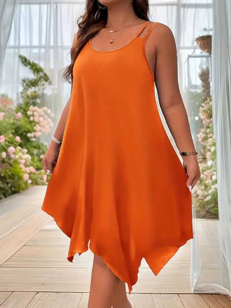 Plus Size Womens Solid Strappy Asymmetrical Hem T Shirt Midi Dress Ladies Sleeveless Casual Loose Summer Holiday Sundress XL-5XL