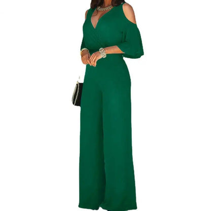 Spring And Autumn Women Jumpsuit Hollowed Out Strapless Solid Color Women Jumpsuit V-neck High Waist Belt Wide-leg Pant
