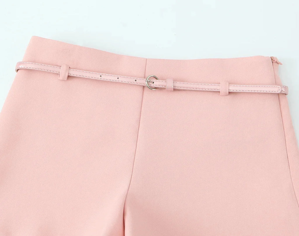 TRAFZA Vintage Chic Solid Women Suit V Neck Sleeveless Sashes Vest Blazer Straight Shorts New Fashion  Summer Office Sets