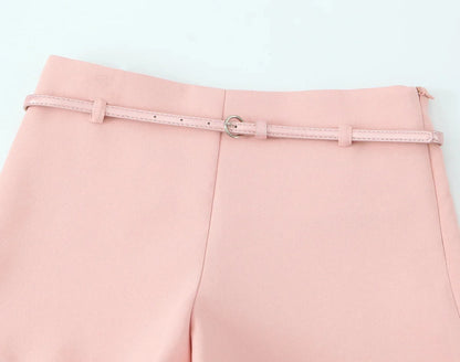 TRAFZA Vintage Chic Solid Women Suit V Neck Sleeveless Sashes Vest Blazer Straight Shorts New Fashion  Summer Office Sets