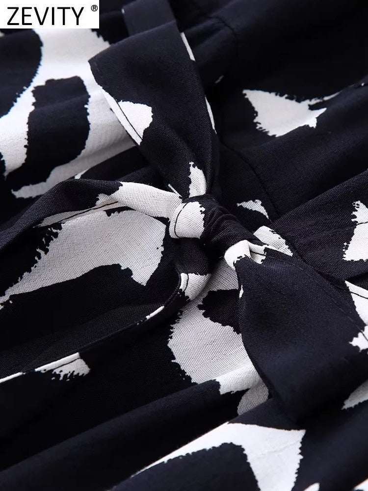 Zevity New Women Vintage Graffiti Print Casual Slim Sashes Midi Shirt Dress Female Chic Long Sleeve Business Vestidos DS2061