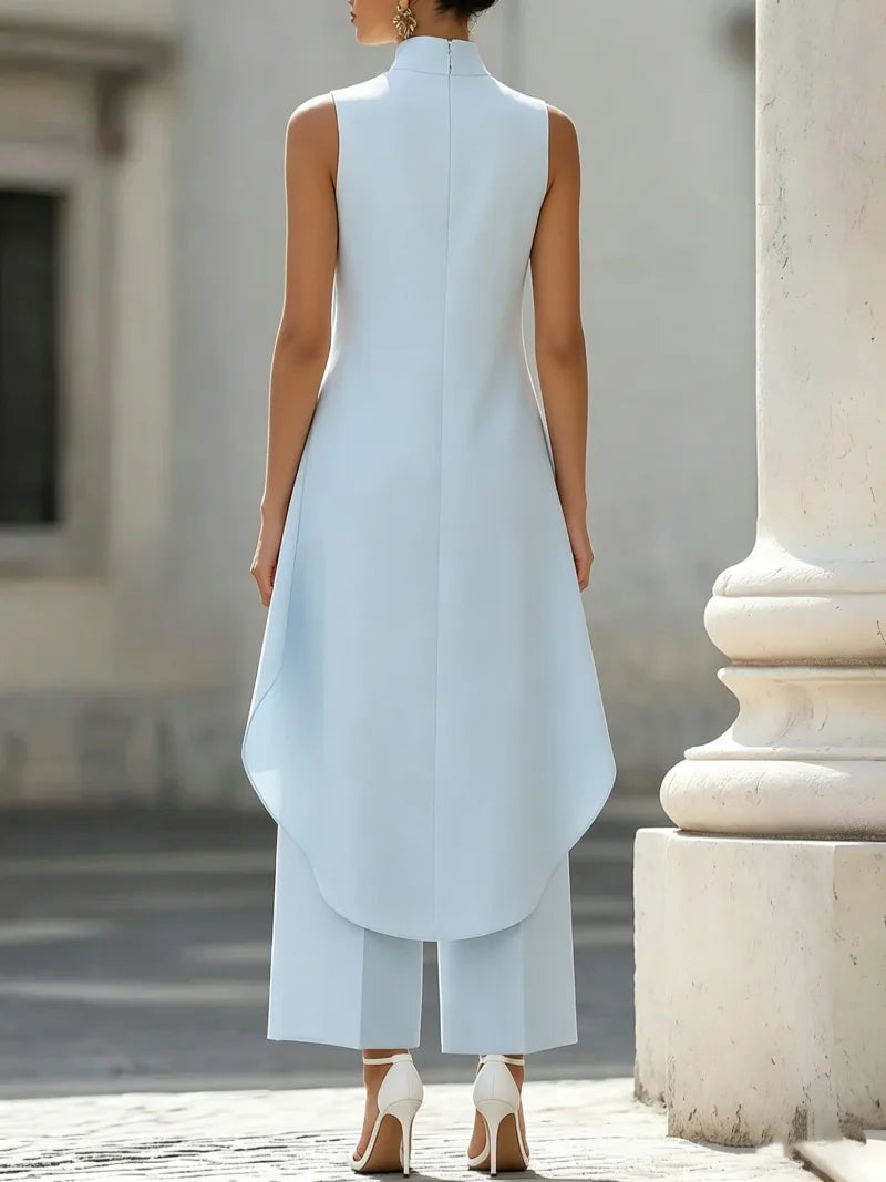 Sleeveless High Neck Jumpsuit With Asymmetric Draped Overlay Wide Leg Culottes Elegant Formal Evening Wear For Women