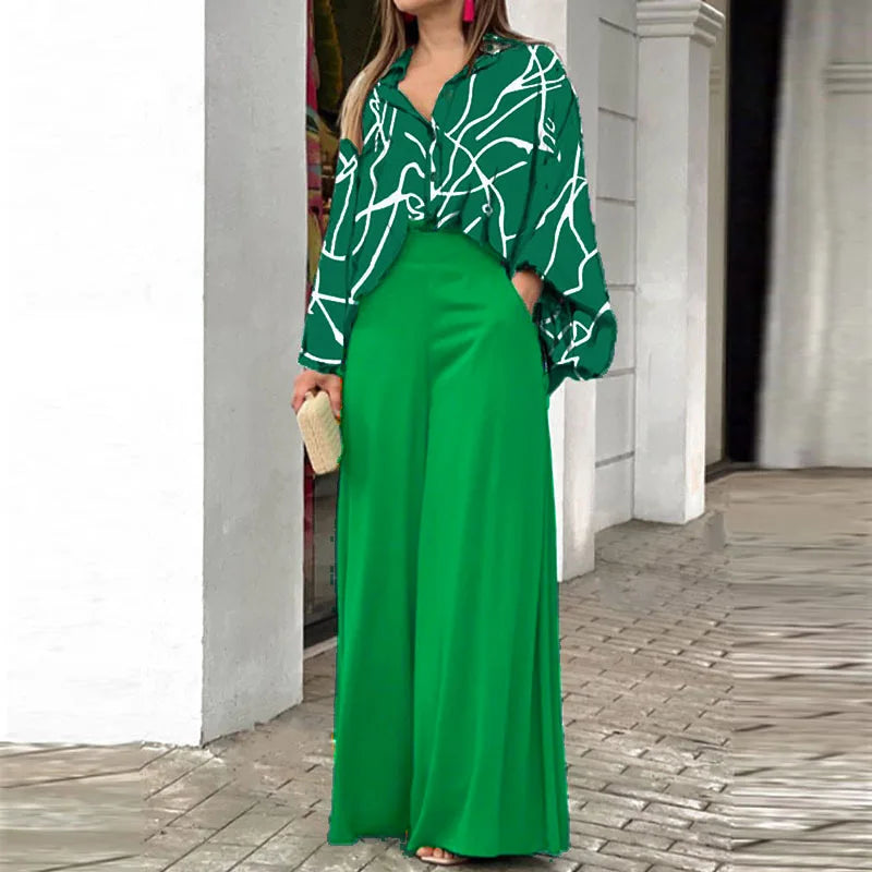 Spring Autumn New Women's Fashion Printed Single Breasted Shirt Solid Color Pants Casual Comfort Two Piece Set