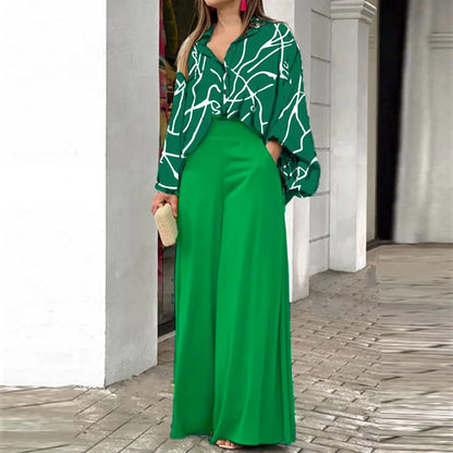 Spring Autumn New Women's Fashion Printed Single Breasted Shirt Solid Color Pants Casual Comfort Two Piece Set