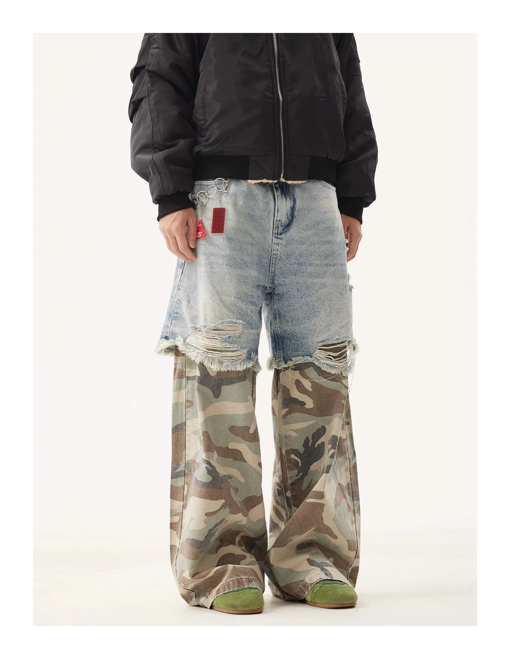 PFNW Niche Design Men's Jeans Washed Distressed Colorblock Splic Fake Two Piece Loose Straight Trousers Wide Leg Pants 28W5474