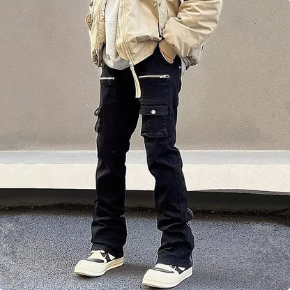 Y2K Fashion Zipper Black Flared Jeans Cargo Pants For Men Designer Clothes Straight Solid Casual Long Trousers Ropa Hombre