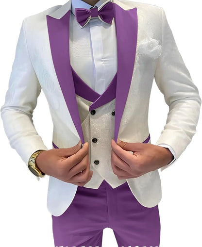 Mens Jacquard Suit 3 Piece Slim Fit Suits Prom Formal Business Suit for Men Jacket Vest Pants Wedding Suit