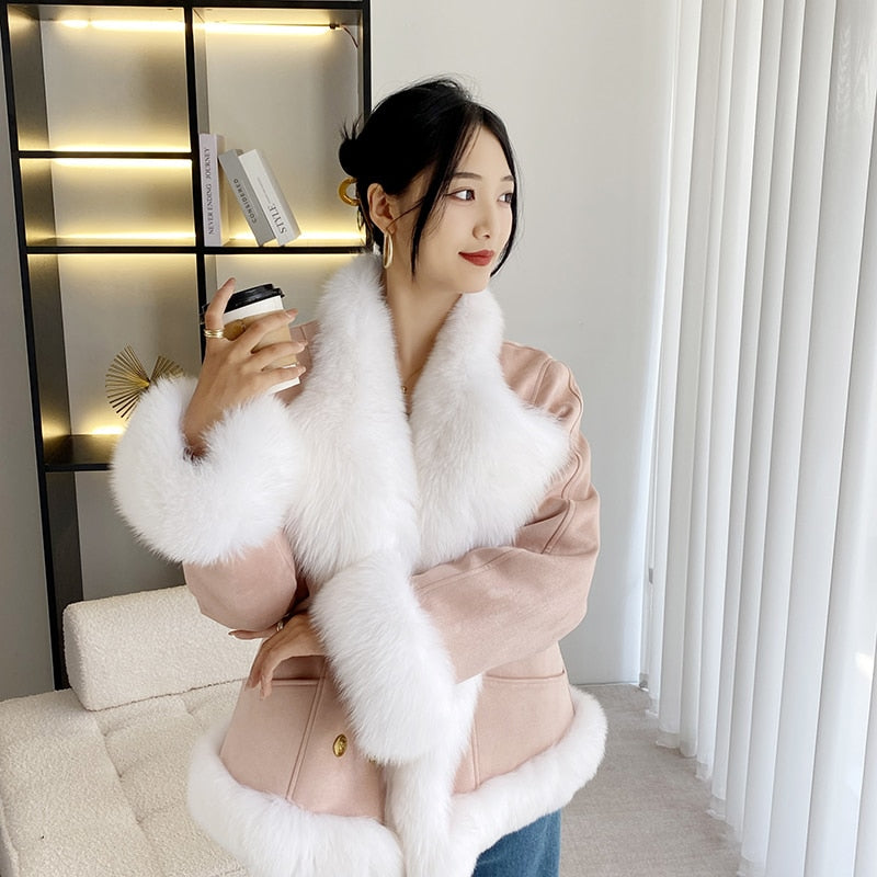 2023 New Fox Fur Collar Fur Coat Female Chamois Leather Korean Version Inner Coat Goose Down Down Coat Winter Top