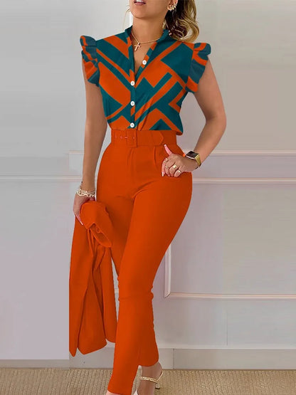 Spring Summer Women's New Printed Lotus Leaf Sleeveless Shirt Suit Elegant Slim Femal Office  Long Pants Belt Two Piece Set