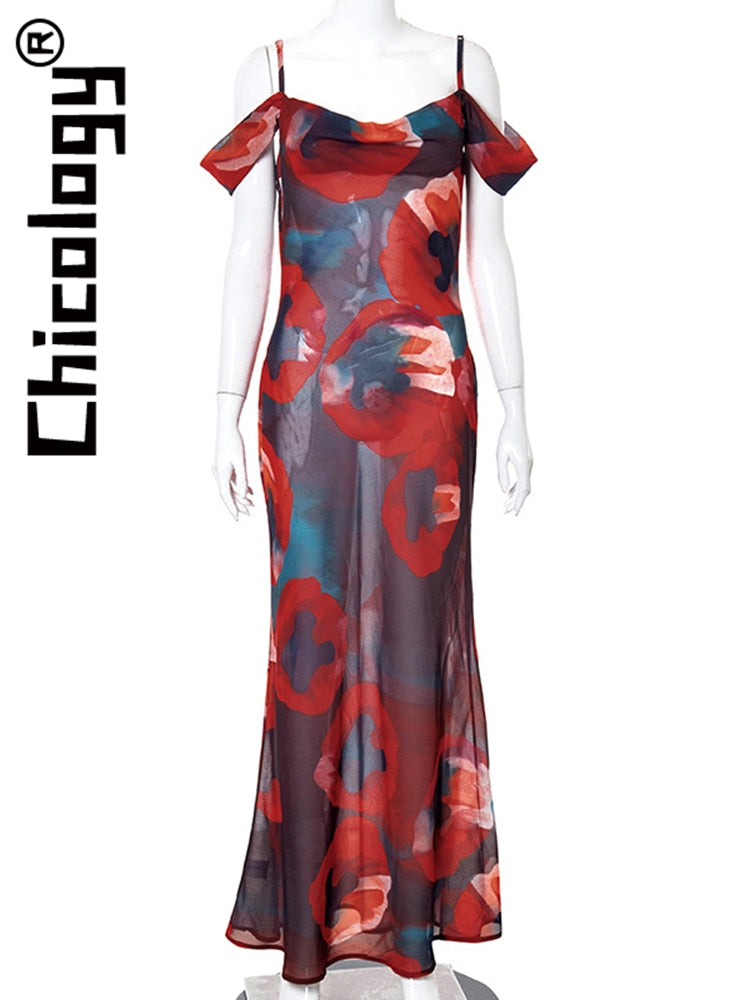 Chicology 2022 Women Chiffon Printed Strap Swinging Collar Maxi Dress Bodycon Sexy Elegant Beach Vacation Festival Hawaii Outfit