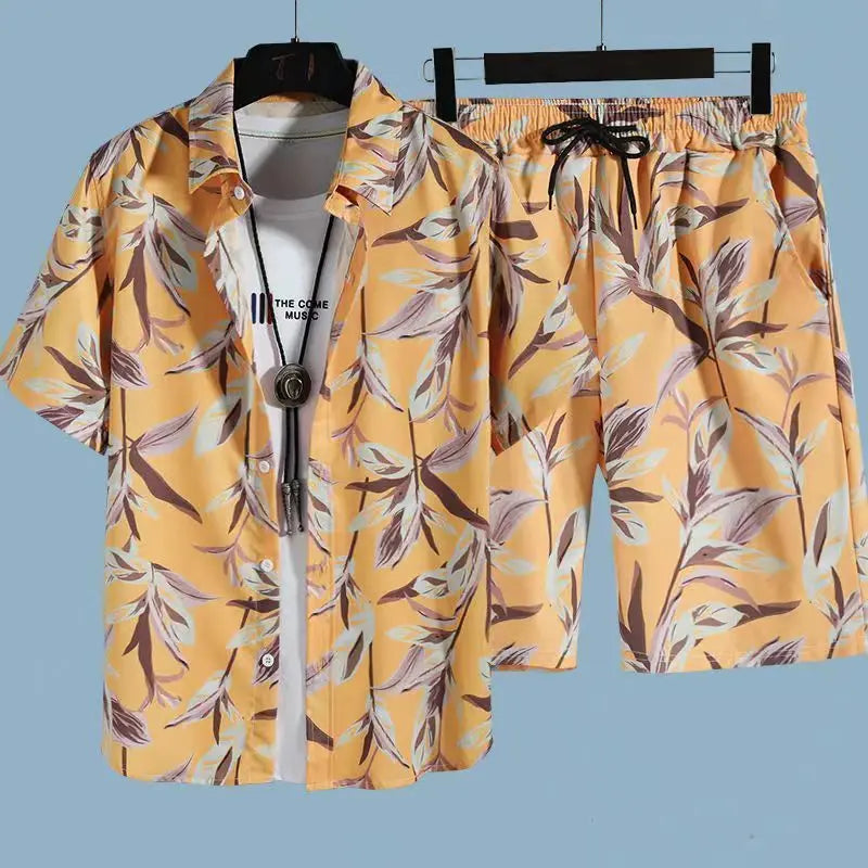 Comfortable flower grass leaf coconut tree 3D Print shirt +Shorts Two Piece Set Short Sleeve Flip collar shirts half pants