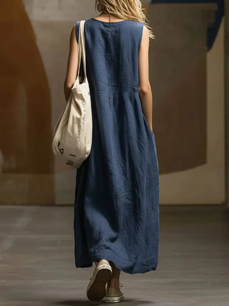 2026 Summer Loose And Simple Sleeveless Cotton And Linen Women's Dress New Fashion Casual Pocket Female Holiday Long Dresses