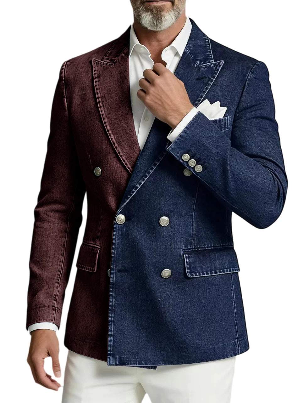 Men Spliced Denim Jacket Peak Lapel Double Breasted Slim Fit Casual Blazer Outing Date Night Trendy Party Fashion Costume Homme