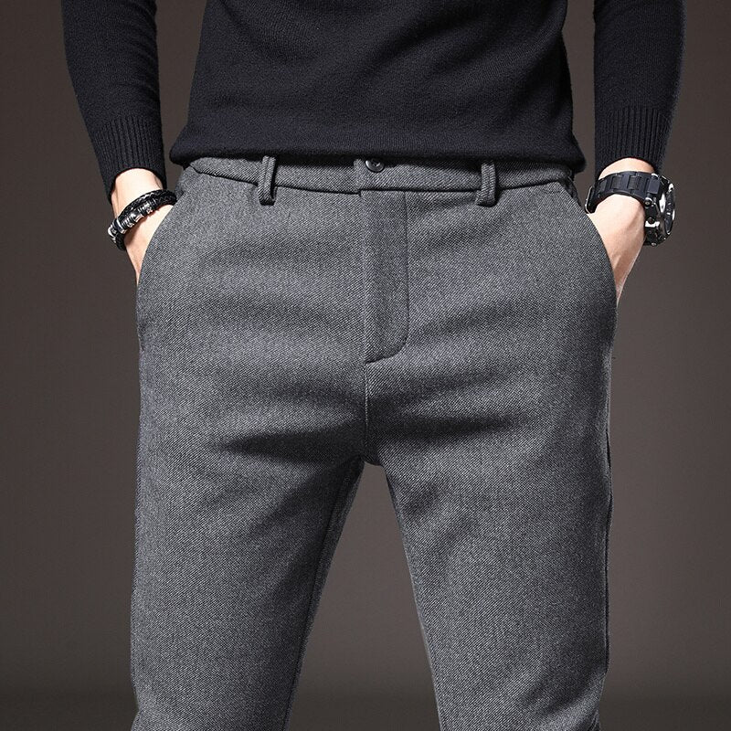 2022 Winter New Men&#39;s Thermal Business Casual Pants Trendy Slim Fit Stretch Thicken Fleece Liner Elegant Cotton Trousers