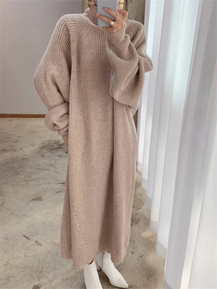 Women Dress Sweater Women Dress Thick Winter Fall Long Sleeve Knitted Dresses Maxi Vintage Oversize Knitting Turtleneck Black