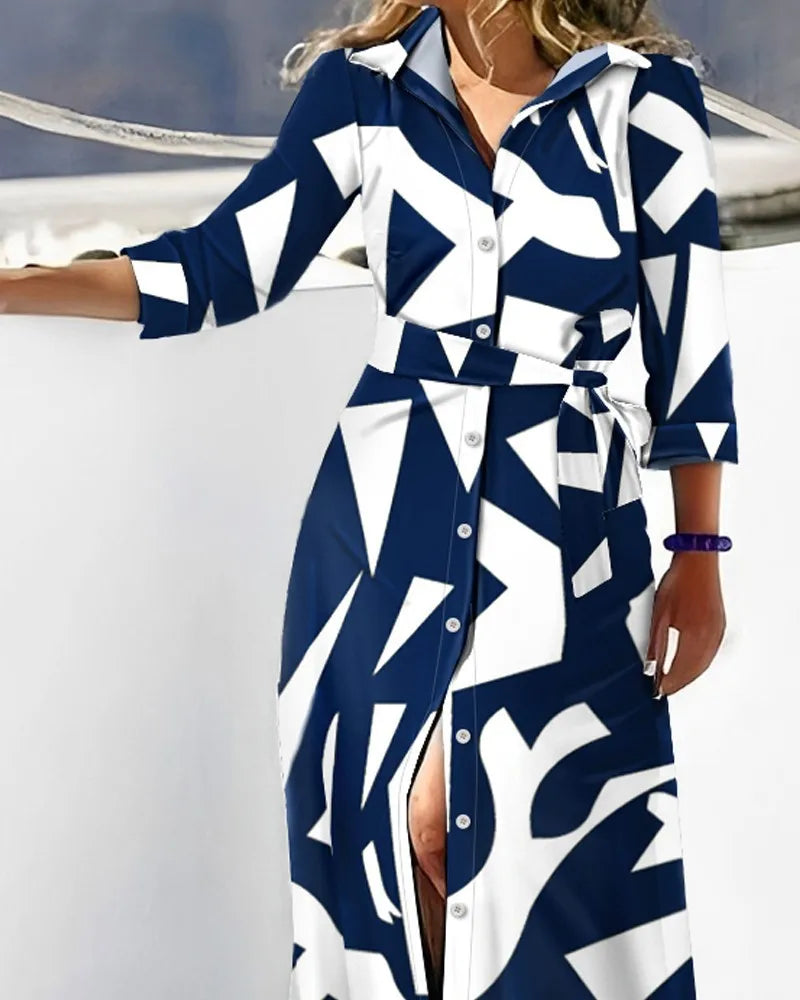 2024 Spring New Fashion Long Sleeved Print Lace-Up Shirt Dress For Women Turn Down Collar Single Breasted Maxi Dress Femme Robe