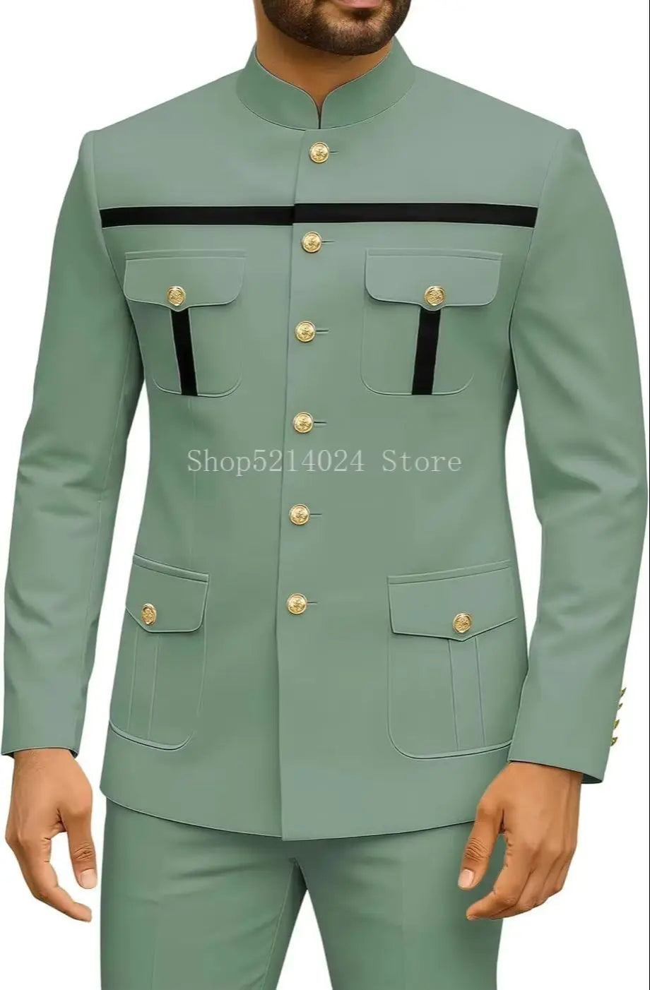 Mens Safari Suit 2 Piece Regular Fit Chinese Suit Stand Collar Gold Button Blazer Pants Set African Outfits