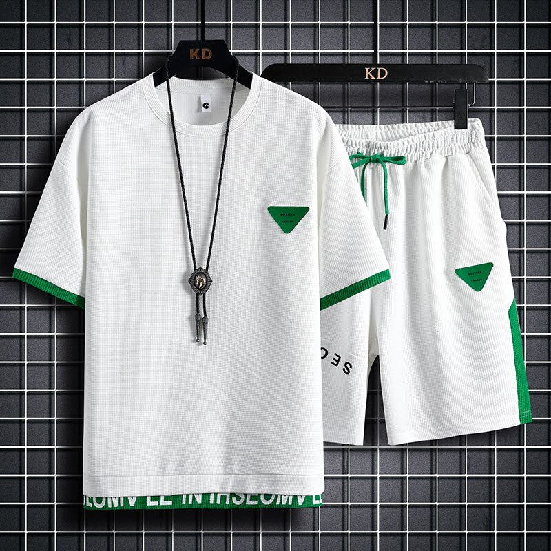 Summer 2 Pieces Set White Tracksuit Men&#39;s Fake Two Tshirt Shorts Harajuku Streetwear Oversized Men Sets Short Outfits Suits 2023