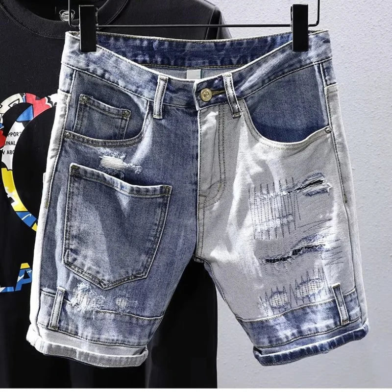 2025 Mens Distressed Denim Shorts Summer Washed Ripped Patchwork Paint Splatter Slim Fit Five Inch Jeans Y2K Vintage Hip Hop Fas