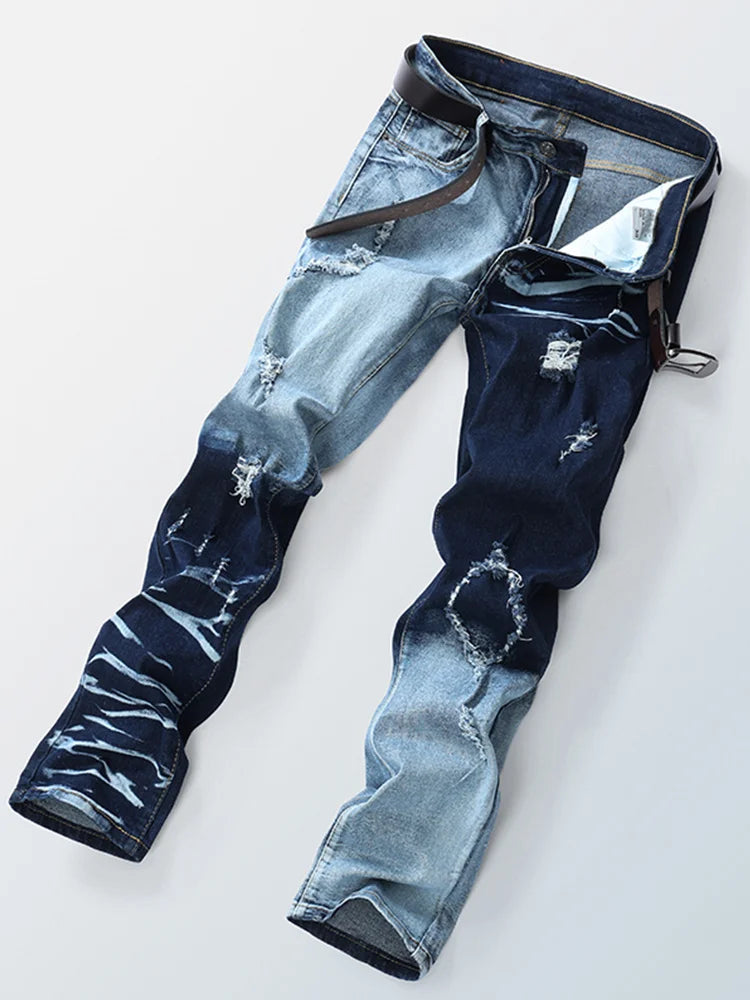 Men's Gradient Color Hole Denim Pants High Street Spliced Vintage Long Trousers Trendy Straight Leg Pants