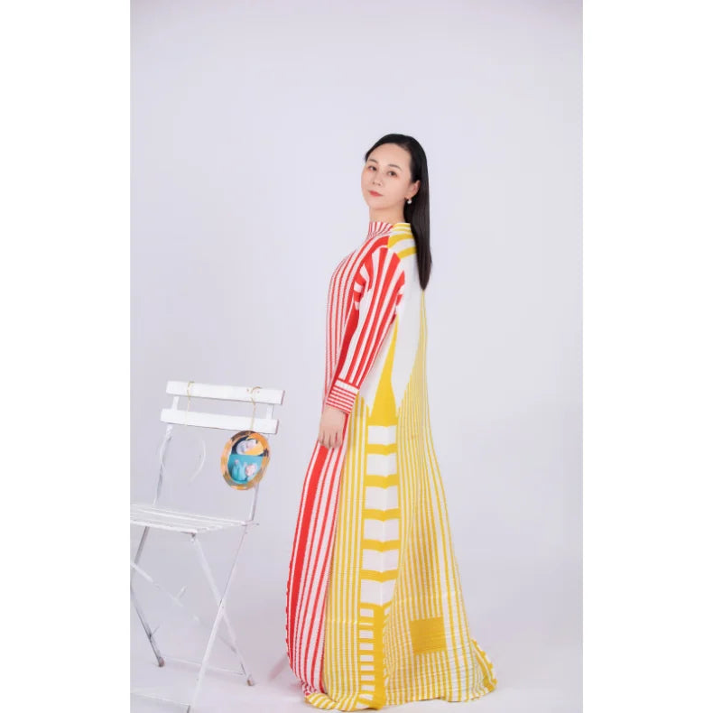 ANLAN Miyake Pleated Stripe Dress Fashion Relaxed Party Temperament Maxi Long Dresses 2024 Summer New Elegant Women's Clothing