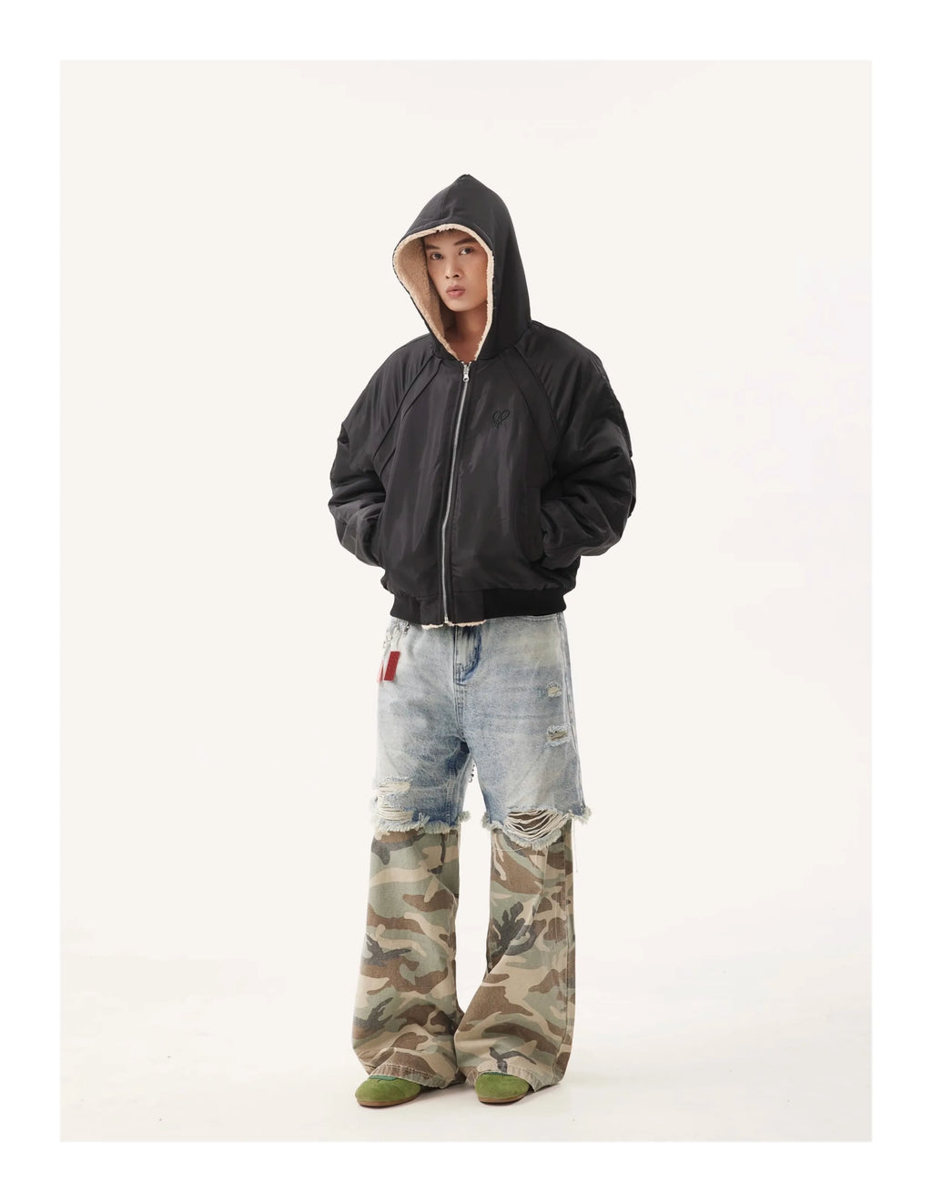 PFNW Niche Design Men's Jeans Washed Distressed Colorblock Splic Fake Two Piece Loose Straight Trousers Wide Leg Pants 28W5474