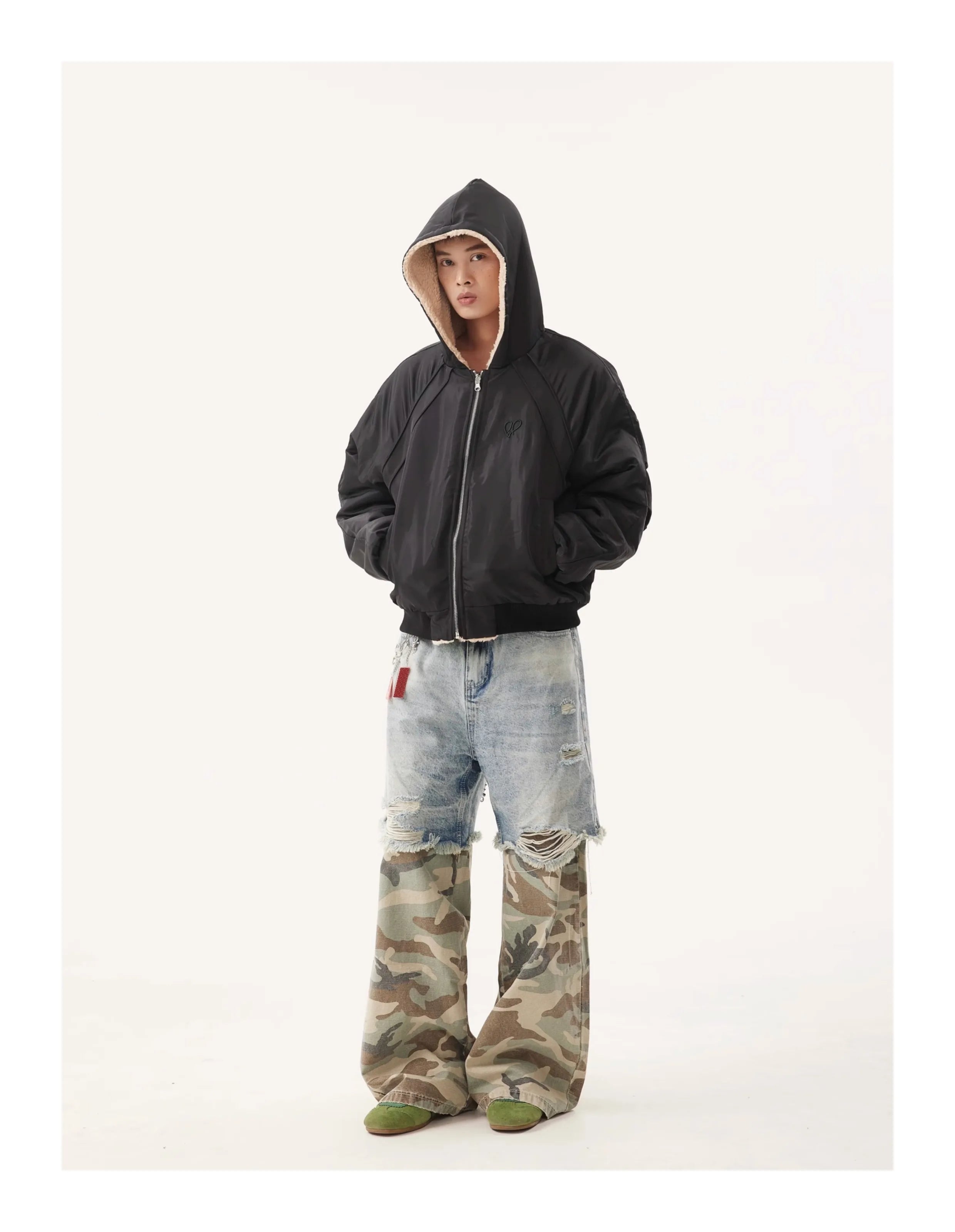 PFNW Niche Design Men's Jeans Washed Distressed Colorblock Splic Fake Two Piece Loose Straight Trousers Wide Leg Pants 28W5474