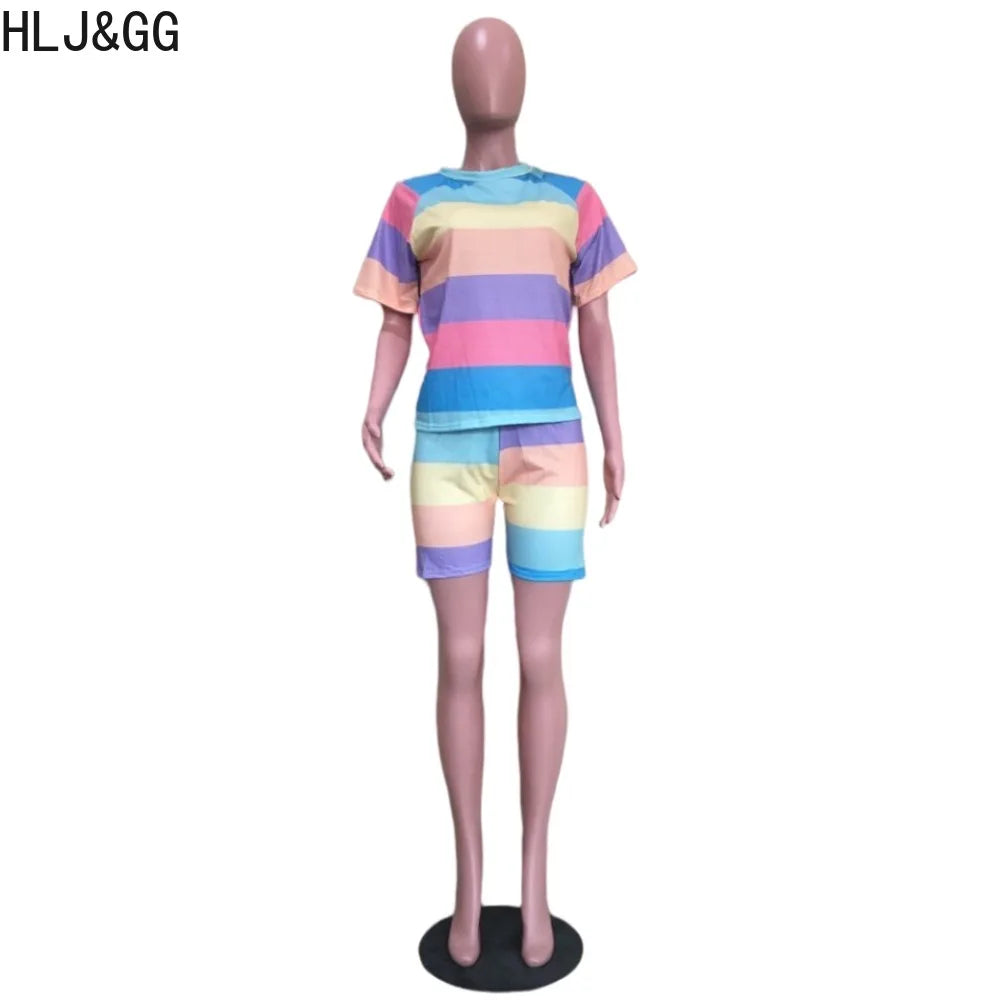 HLJ&GG Summer Color Stripe Stitching Two Piece Sets Women Round Neck Short Sleeve Tshirt + Shorts Outfits Casual 2pcs Home Suits