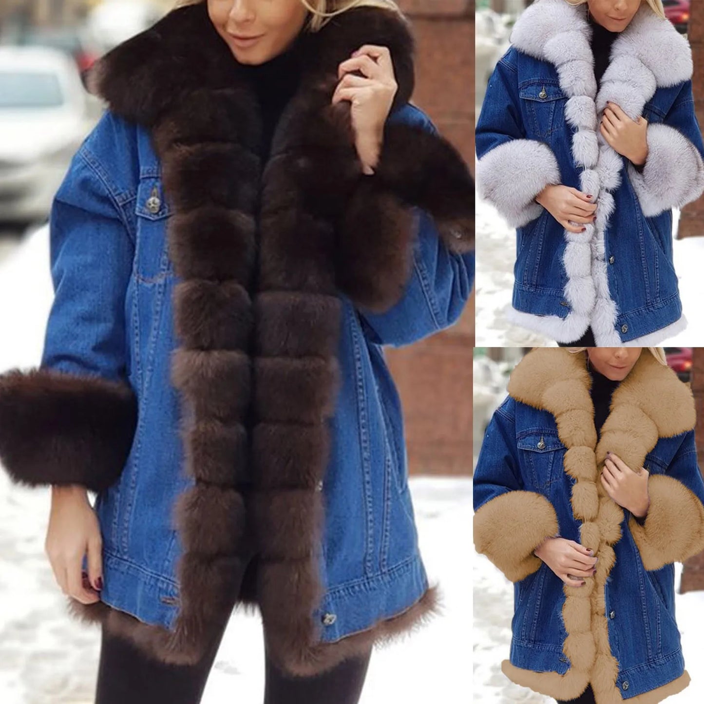 Fashion faux fur coat Autumn and winter Women's long-sleeved leather fur denim Medium coat Splicing Fleece Jackets Warm Overcoat