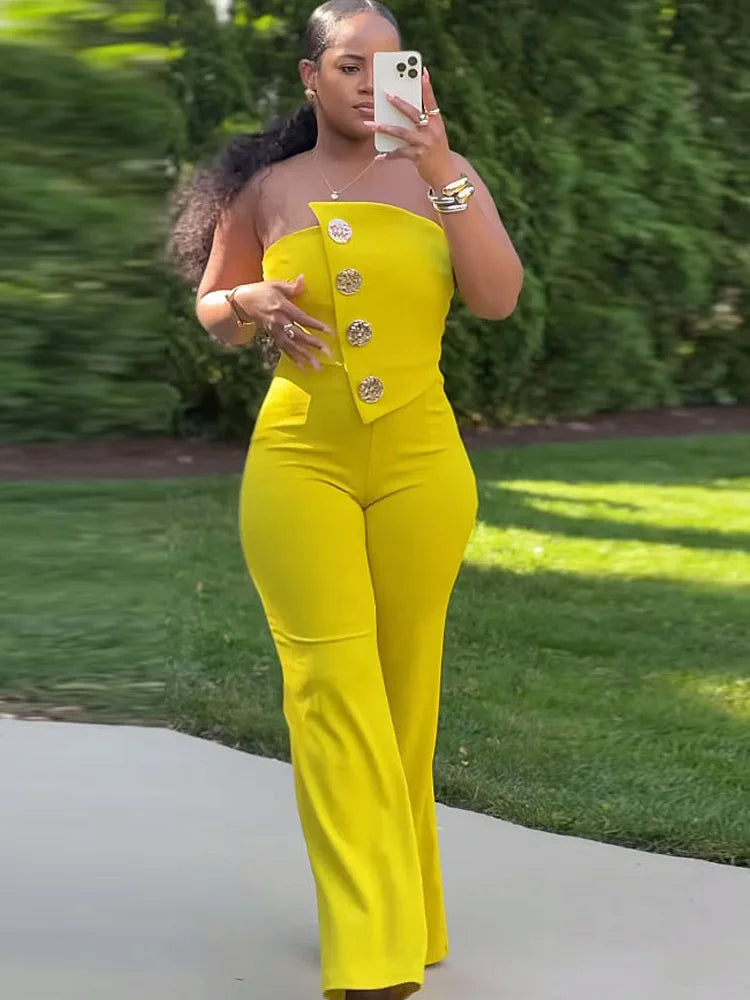 Kricesseen Elegant Off Shoulder Button Details Women's Jumpsuits Rompers Yellow Outfits Night Club Overalls Vacation Rompers