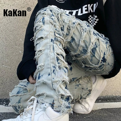 Kakan - New European and American Heavyweight Street Burnout Jeans for Men, High Street Burnout Straight Fit Long Jeans K27-3