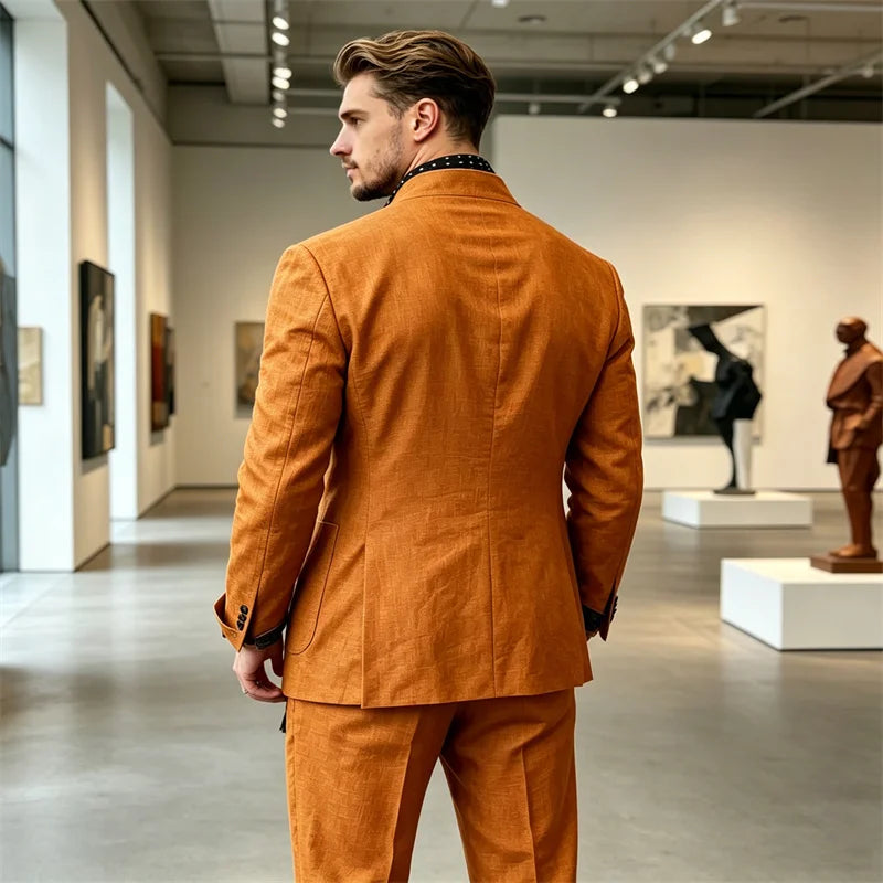 Men's 2 Piece Suit Linen Blend Stand Collar Single Breasted 3 Button Slim Fit Business Casual Vacation Wedding Breathable Outfit