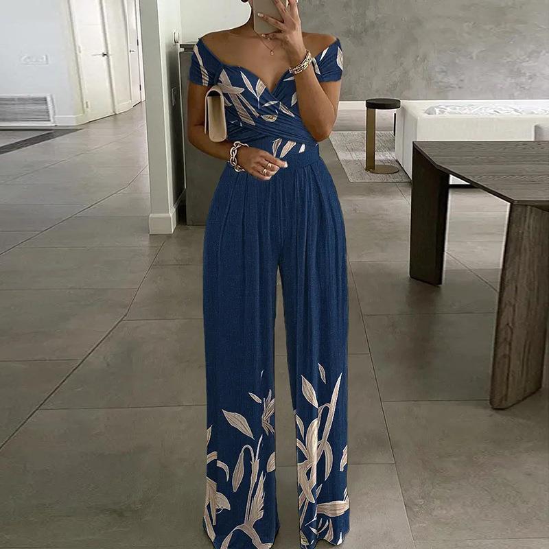 Sexy Outfit Off Shoulder Print Wide Leg Jumpsuit Women 2023 Summer Casual Boho Casual High Waist Jumpsuits Clothes Overalls