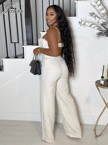 Joskaa Elegant 2 Piece Sets Women Sexy 3D Flower Crop Camisole and Straight Leg Pants Matching  Summer Vacation Streetwear