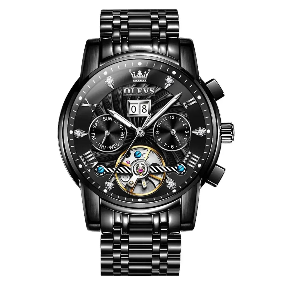 OLEVS Classic Men's Watches Tourbillon Multi-function Full Automatic Men Watch High end Male Wristwatches Mechanical Watch 9910 in black