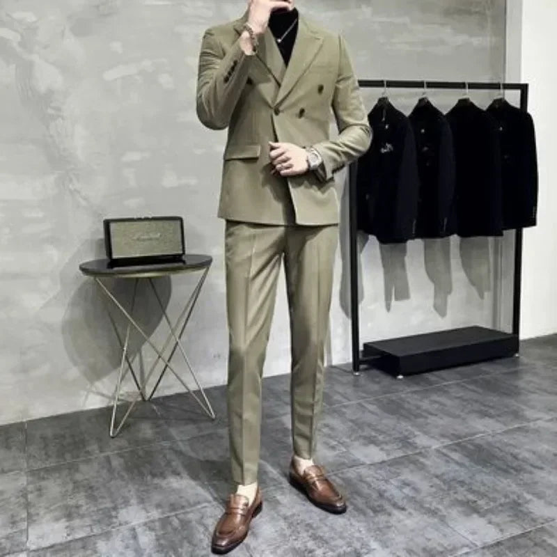 Casual Double Breasted Slim Fit 2 Piece Outfit Set Man Korean High Quality 2024 Full Suit for Men Clothes Gentleman Pants Blazer