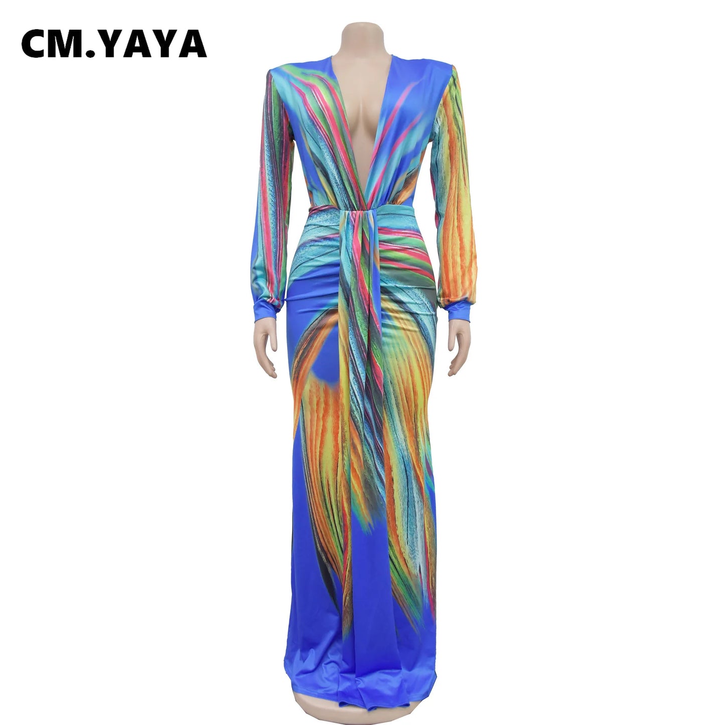 CM.YAYA Summer Holiday Full Sleeve V-Neck Long Maxi Dress Street Ruched Women Gradient Print Party Night Evening Vestido Dresses