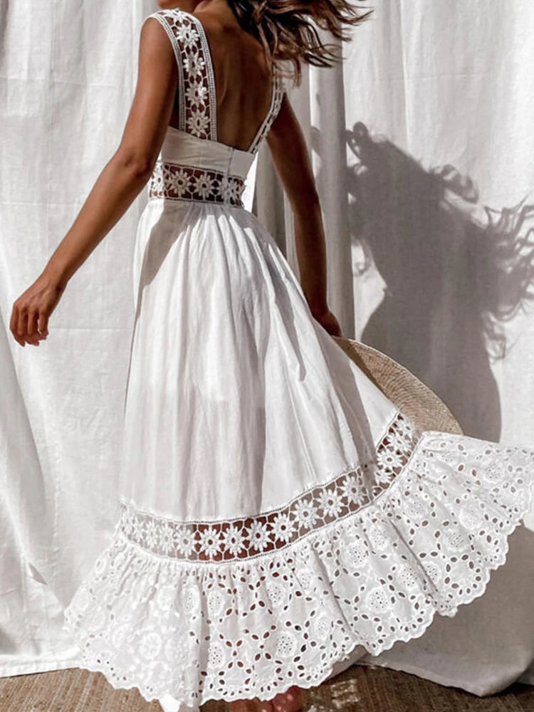 White Lace Long Dresses Women Summer Sleeveless Backless Cotton Dress Elegant Fashion Casual Hollow Out Big Swing Beach Sundress