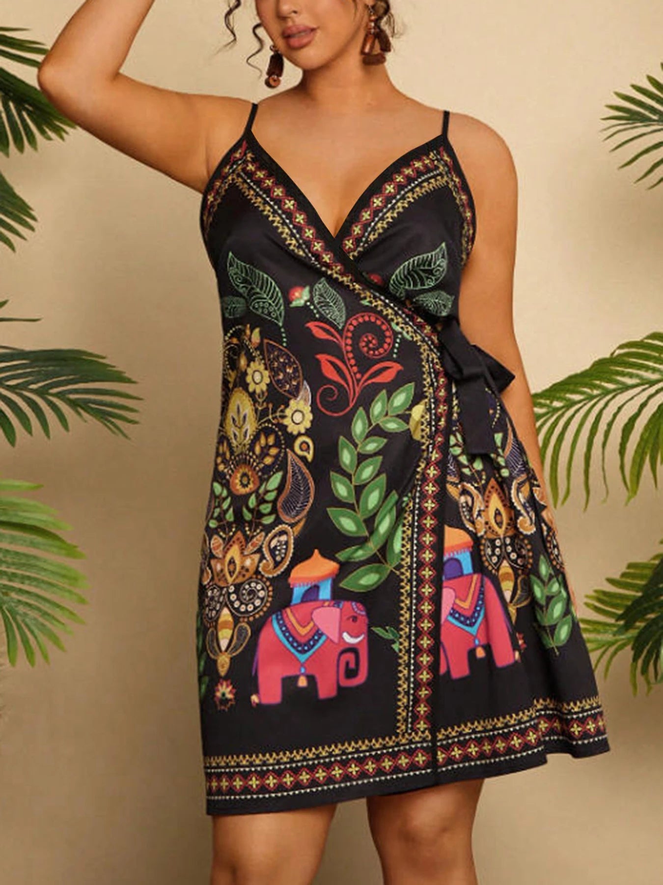 Große Größen Frühling Sommer Elegant Neues Damen Ethnisch bedrucktes Neckholder-Kleid V-Ausschnitt Taillenbetonendes Kurzes Boho-Kleid im Urlaubsstil