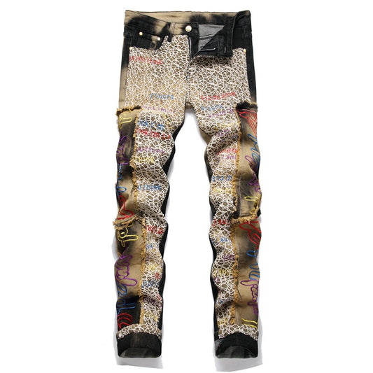 Punk Style Men's Alphabet Colored Embroidered Straight Leg Jeans Fashion Patchwork Cobweb Mid-Waist Casual Denim Pants