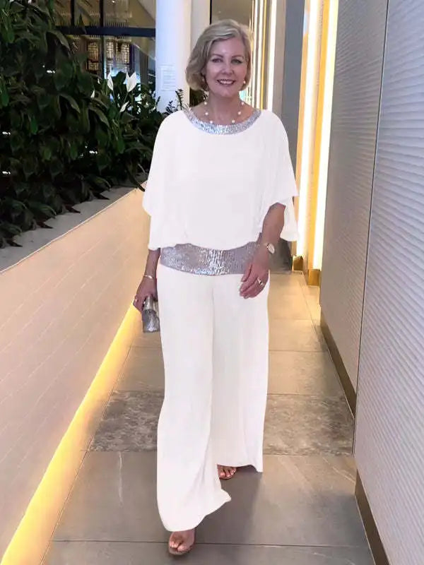 Spring Autumn Women's Clothing New Set Round Neck Fashion Glitter Color Blocked Bat Shirt Wide Leg Pants Set For Women