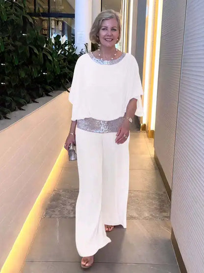 Spring Autumn Women's Clothing New Set Round Neck Fashion Glitter Color Blocked Bat Shirt Wide Leg Pants Set For Women