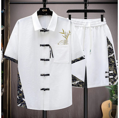 Summer Sets Men Fashion Print Short Sleeved Shirt Shorts Two-piece Men Chinese style Loose Set Mens Short Sets