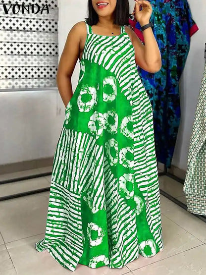 Sexy Sleeveless Dress Bohemian Printed Party Maxi Long Sundress  VONDA Summer Tank Vestidos Beach Loose Casual Robe Oversize