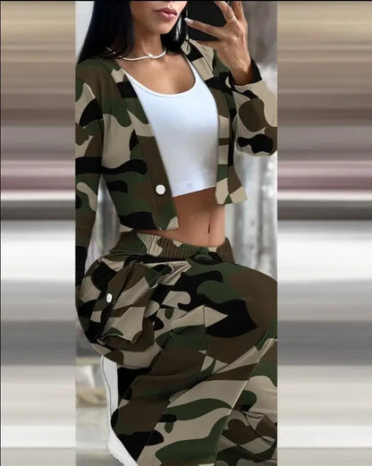 Women's Spring Summer New Fashionable Solid Color Printed Sexy Waist Short Top Casual Pants Set For Women
