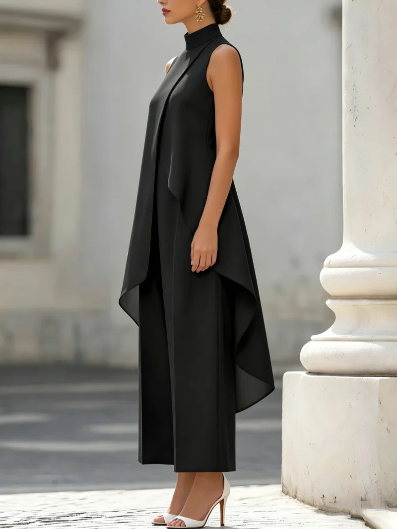 Sleeveless High Neck Jumpsuit With Asymmetric Draped Overlay Wide Leg Culottes Elegant Formal Evening Wear For Women