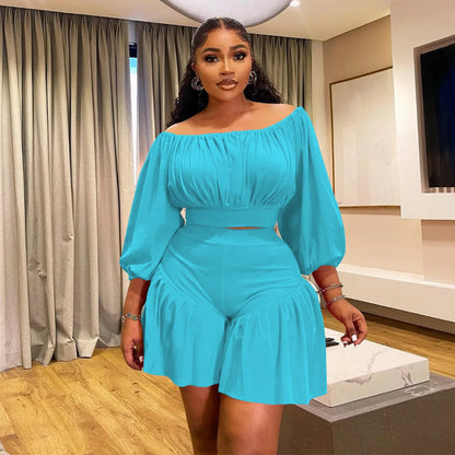 CM.YAYA Plus Size Women's Set Long Sleeve Slash Neck T-Shirt and Shorts  Summer Ruched Two 2 Piece Set Outfits Tracksuit