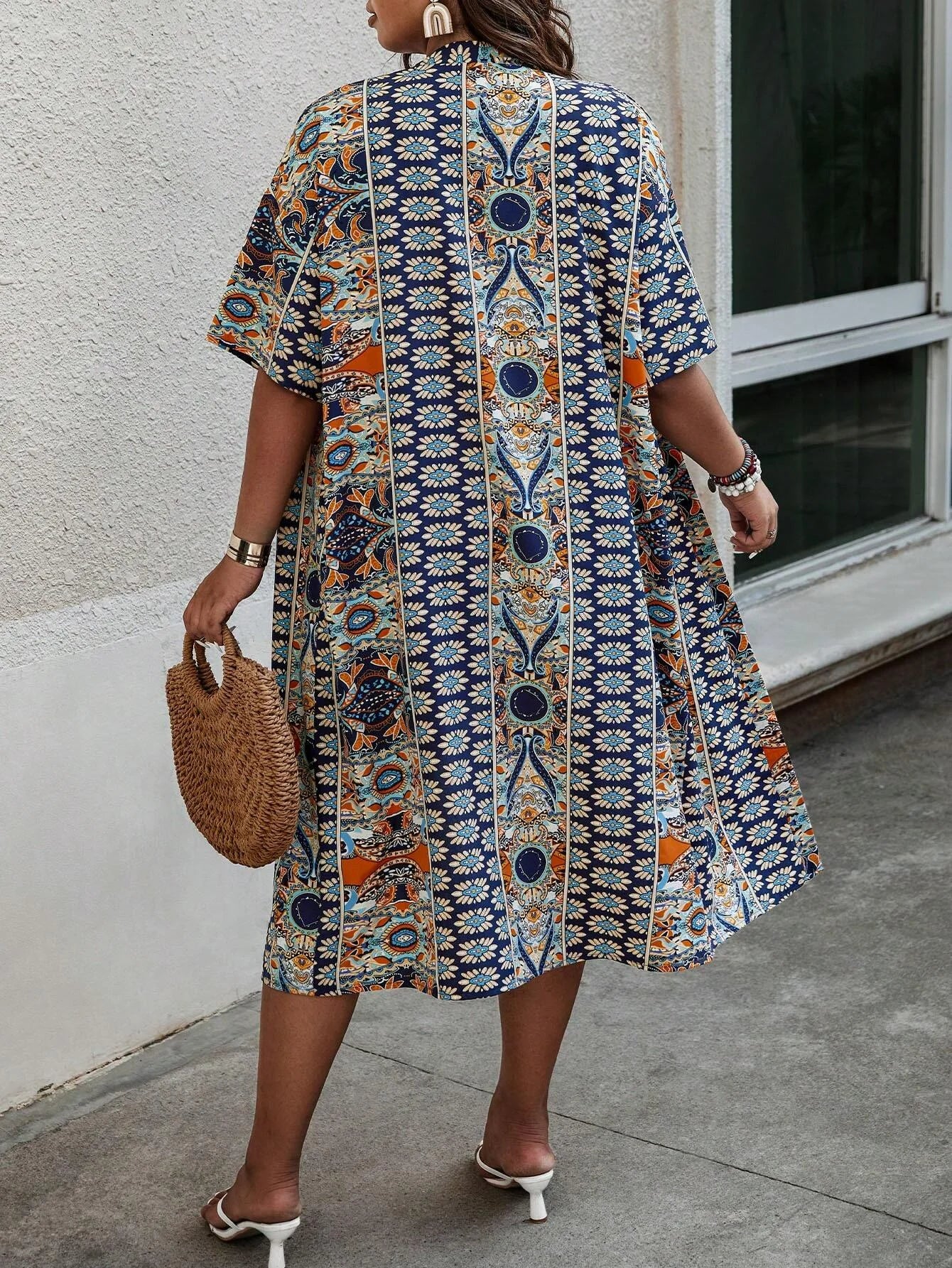 Women's Plus Size Printed Two-piece Set, featuring a bohemian print open front kimono with short sleeves and shorts ensemble.